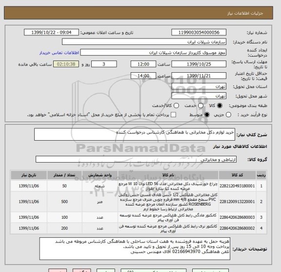 استعلام خرید لوازم دکل مخابراتی با هماهنگی کارشناس درخواست کننده