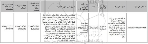 مناقصه عمومی یک مرحله ای عملیات خاکبرداری، خاکریزی، احداث ویا تعریض پل و دیوار حائل و اجرای روسازی و آسفالت جاده مرزی سیرانبند به پاسگاه هنگه ژال (بان