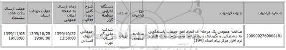 مناقصه عمومی یک مرحله ای انجام امور خدمات پاسخگویی به مشترکین و نگهداری و پشتیبانی سیسیتم سخت افزار و نرم افزار مرکز پیام امداد (194) 