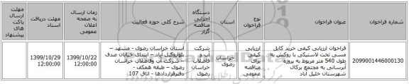 فراخوان ارزیابی کیفی خرید کابل مسی تخت لاستیکی با روکش به طول 540 متر مربوط به پروژه آبرسانی به مجتمع برکال شهرستان خلیل آباد  