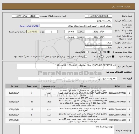 استعلام کابل3*95*50-کابل3*2.5- چراغ دوشعله- کابلشو120- کابلشو70