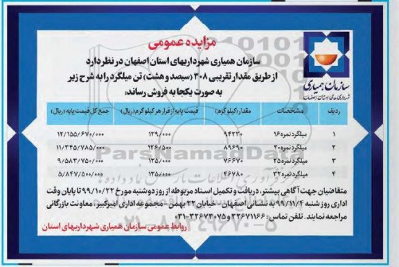 مزایده , مزایده عمومی مقدار تقریبی 308 (سیصد و هشت) تن میلگرد