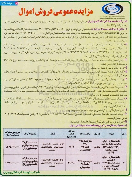 مزایده،  مزایده فروش املاک کاربری تجاری 36.3 و 39.68 مترمربع نوبت دوم 