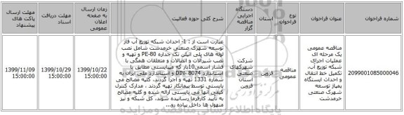 مناقصه عمومی یک مرحله ای عملیات اجرای شبکه توزیع آب، تکمیل خط انتقال و احداث ایستگاه پمپاژ توسعه  شهرک صنعتی خرمدشت