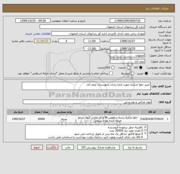 استعلام خرید حلوا شکری جهت اداره زندان شهرستان نجف آباد