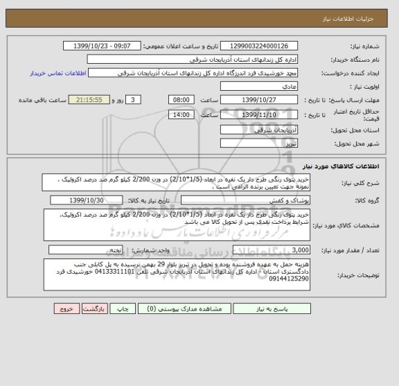 استعلام خرید پتوی رنگی طرح دار یک نفره در ابعاد (1/5*2/10) در وزن 2/200 کیلو گرم صد درصد اکرولیک . نمونه جهت تعیین برنده الزامی است .