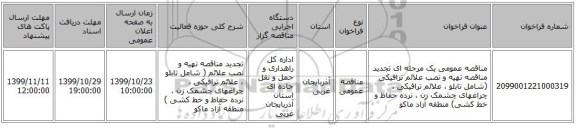 مناقصه عمومی یک مرحله ای تجدید مناقصه تهیه و نصب علائم ترافیکی (شامل تابلو ، علائم ترافیکی ، چراغهای چشمک زن ، نرده حفاظ و خط کشی) منطقه آزاد ماکو