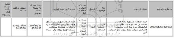 خرید خدمات مشاوره ارائه خدمات مهندسی مشاور جهت نظارت بر فعالیتهای بهره برداری در محدوده عملیاتی شرکت توزیع نیروی برق استان البرز 