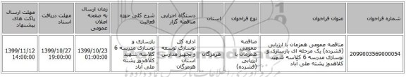 مناقصه عمومی همزمان با ارزیابی (فشرده) یک مرحله ای بازسازی و نوسازی مدرسه 6 کلاسه شهید کلاهدوز پشته علی آباد 