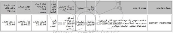 مناقصه عمومی یک مرحله ای خرید کابل فیبر نوری زمینی جهت اجرای پروژه های  مخابراتی شرکت شهرکهای صنعتی خراسان شمالی