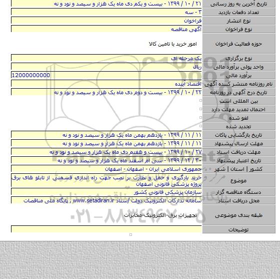 خرید بارگیری و حمل و نظارت بر نصب جهت راه اندازی قسمتی از تابلو های برق پروژه پزشکی قانونی اصفهان