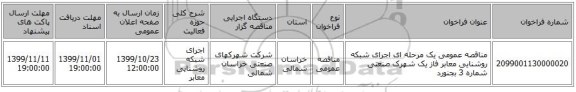 مناقصه عمومی یک مرحله ای اجرای شبکه روشنایی معابر فاز یک شهرک صنعتی شماره 3 بجنورد