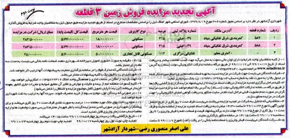 مزایده،مزایده تجدید فروش زمین 3 قطعه مسکونی و تجاری نوبت دوم