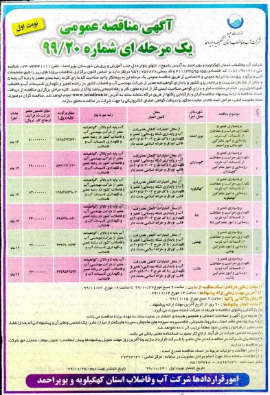 مناقصه برونسپاری تعمیر و نگهداری، حراست و حفاظت از تاسیسات آب شرب روستایی و امور مشترکین شهرستان...