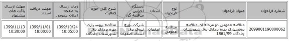 مناقصه عمومی دو مرحله ای مناقصه برونسپاری بهره برداری برق شهرستان چادگان 1861/99