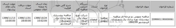 مناقصه عمومی دو مرحله ای مناقصه برونسپاری بهره برداری برق شهرستان  فریدونشهر 1860/99
