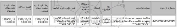 مناقصه عمومی دو مرحله ای خرید تجهیزات کلاسی برای مدارس استان کهگیلویه وبویراحمد