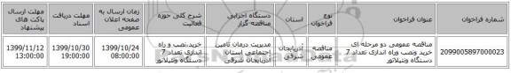 مناقصه عمومی دو مرحله ای خرید ونصب وراه اندازی تعداد 7 دستگاه ونتیلاتور