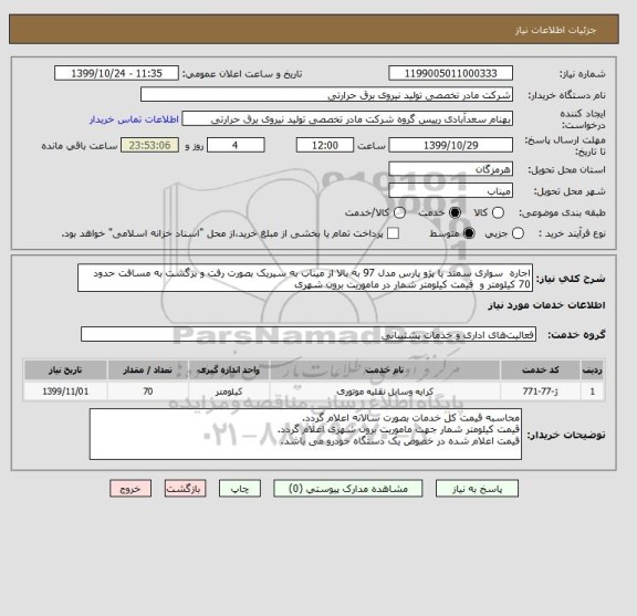 استعلام اجاره  سواری سمند یا پژو پارس مدل 97 به بالا از میناب به سیریک بصورت رفت و برگشت به مسافت حدود 70 کیلومتر و  قیمت کیلومتر شمار در ماموریت برون شهری