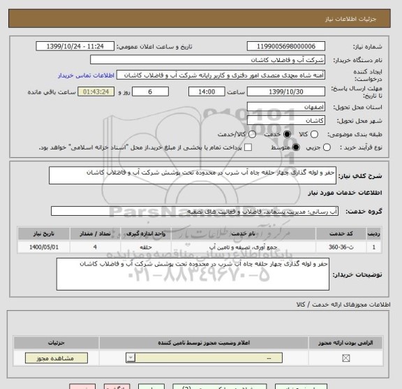 استعلام حفر و لوله گذاری چهار حلقه چاه آب شرب در محدوده تحت پوشش شرکت آب و فاضلاب کاشان
