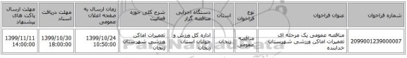 مناقصه عمومی یک مرحله ای تعمیرات اماکن ورزشی شهرستان خدابنده