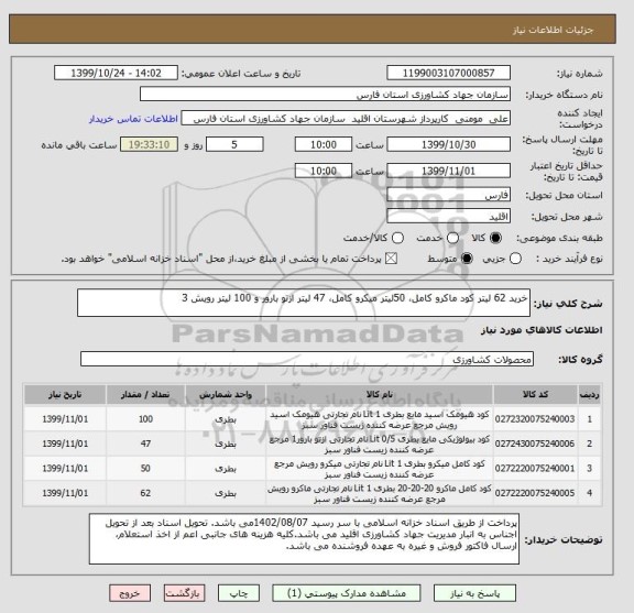 استعلام خرید 62 لیتر کود ماکرو کامل، 50لیتر میکرو کامل، 47 لیتر ازتو بارور و 100 لیتر رویش 3