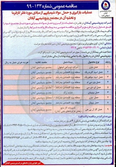 مناقصه، مناقصه عملیات بارگیری و حمل مواد شیمیایی