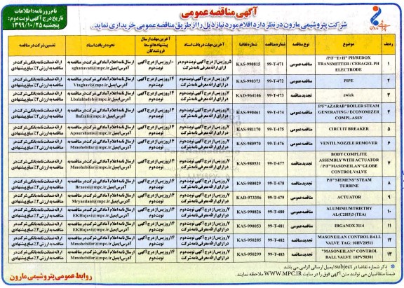 مناقصه، مناقصه P/F E+H PH/REDOX TRANSMITTER /CERAGEL PH ELECTRODE و .... - نوبت دوم