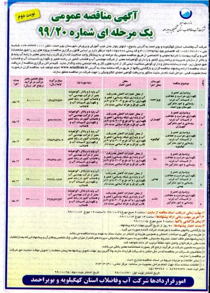 مناقصه برونسپاری تعمیر و نگهداری، حراست و حفاظت از تاسیسات آب شرب روستایی و امور مشترکین شهرستان...