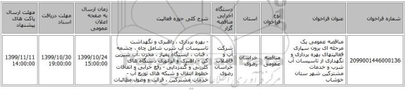 مناقصه عمومی یک مرحله ای برون سپاری فعالیتهای بهره برداری و نگهداری از تاسیسات آب شرب و خدمات مشترکین  شهر ستان خوشاب