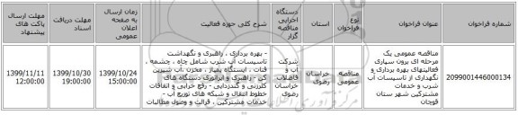 مناقصه عمومی یک مرحله ای برون سپاری فعالیتهای بهره برداری و نگهداری از تاسیسات آب شرب و خدمات مشترکین  شهر ستان قوچان
