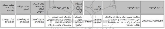 مناقصه عمومی یک مرحله ای واگذاری خرید خدمات انتظامات و حفاظت فیزیکی شبکه بهداشت و بیمارستان بوعلی چادگان