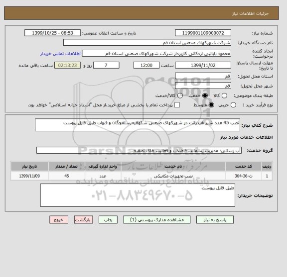 استعلام نصب 45 عدد شیر هیدرانت در شهرکهای صنعتی شکوهیه,سلفچگان و قنوات طبق فایل پیوست