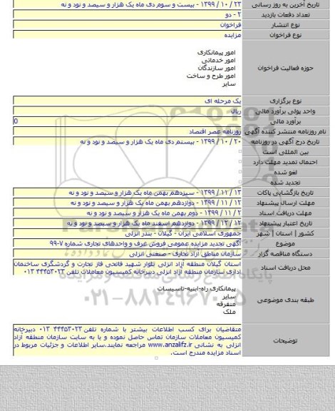 آگهی تجدید مزایده عمومی فروش غرف و واحدهای تجاری شماره ۷-۹۹