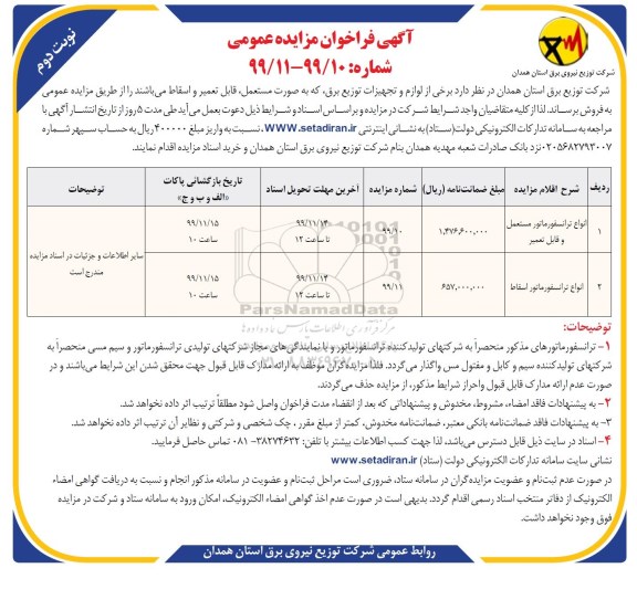 فراخوان مزایده برخی از لوازم و تجهیزات توزیع برق