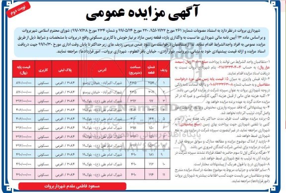 مزایده فروش یازده قطعه زمین مازاد با کاربری مسکونی نوبت دوم