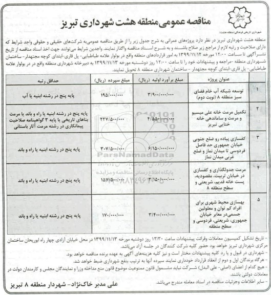 مناقصه توسعه شبکه آب خام فضای سبز ....  99.10.25