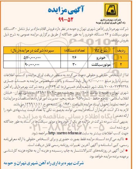 مزایده 30 دستگاه موتورسیکلت و 26 دستگاه خودرو