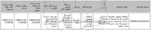 مناقصه عمومی همزمان با ارزیابی (فشرده) یک مرحله ای بهسازی ،احداث وآسفالت راه روستایی ترقی شهرستان تربت حیدریه99/31/177  نوبت چهارم
