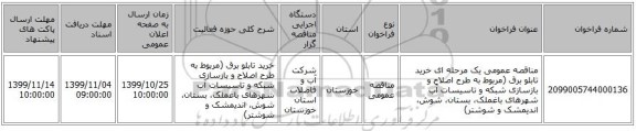 مناقصه عمومی یک مرحله ای خرید تابلو برق (مربوط به طرح اصلاح  و بازسازی شبکه و تاسیسات آب شهرهای باغملک، بستان، شوش، اندیمشک و شوشتر)