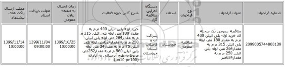 مناقصه عمومی یک مرحله ای خرید لوله پلی اتیلن 400 م م به مقدار 180 متر، لوله پلی اتیلن 315  م م به مقدار264 متر، لوله پلی اتیلن 250  م م به مقدار624متر