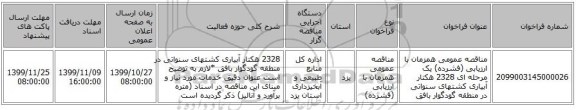 مناقصه عمومی همزمان با ارزیابی (فشرده) یک مرحله ای 2328 هکتار آبیاری کشتهای سنواتی در منطقه گودگوار بافق 
