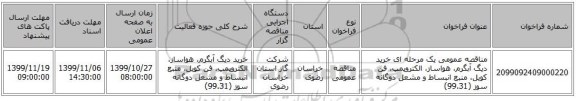 مناقصه عمومی یک مرحله ای خرید دیگ آبگرم، هواساز، الکتروپمپ، فن کویل، منبع انبساط و مشعل دوگانه سوز (99.31)