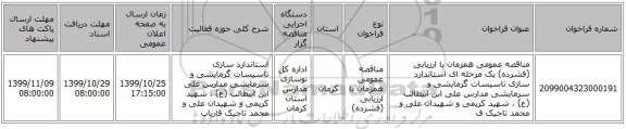 مناقصه عمومی همزمان با ارزیابی (فشرده) یک مرحله ای استاندارد سازی تاسیسات گرمایشی و سرمایشی مدارس علی ابن ابیطالب (ع) ، شهید کریمی و شهیدان علی و محمد تاجیک ف