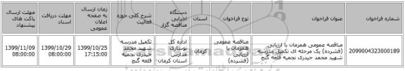 مناقصه عمومی همزمان با ارزیابی (فشرده) یک مرحله ای تکمیل مدرسه شهید محمد حیدری نجمیه  قلعه گنج