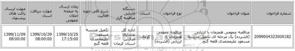 مناقصه عمومی همزمان با ارزیابی (فشرده) یک مرحله ای تکمیل مدرسه مسعود علیمحمدی  قلعه گنج