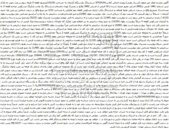آگهی مزایده ششدانگ یکدستگاه آپارتمان به مساحت 103/26مترمربع 