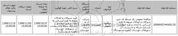 مناقصه عمومی یک مرحله ای خرید شیرالات و اتصالات مربوط به   طرح آبرسانی به آبادان و طرح اصلاح  و بازسازی شبکه و تاسیسات آب شهرهای خوزستان (هویزه وسوسنگ