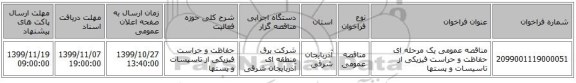 مناقصه عمومی یک مرحله ای حفاظت و حراست فیزیکی از تاسیسات و پستها 