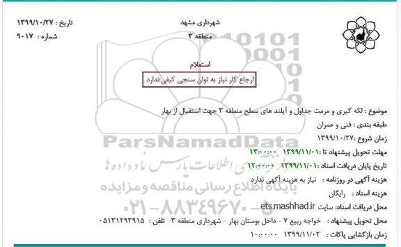 استعلام, استعلام لکه گیری و مرمت جداول و آیلند های سطح منطقه 